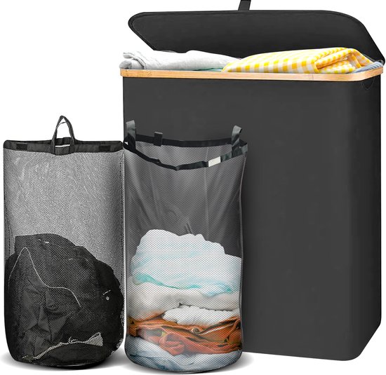 Lugia Wasmand - 2 Waszakken - 141L - Natuurlijk Bamboe - Wasmand met Deksel - Wassorteerder - Zwart