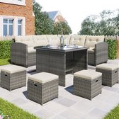 Sweiko Tuin lounge set, 2 banken, 4 krukken, Tuinmeubelset voor 6-8 personen, all-weather Rotan bank met Eettafel en Stoel en 4 ottomans, Grijs rieten beige kussen