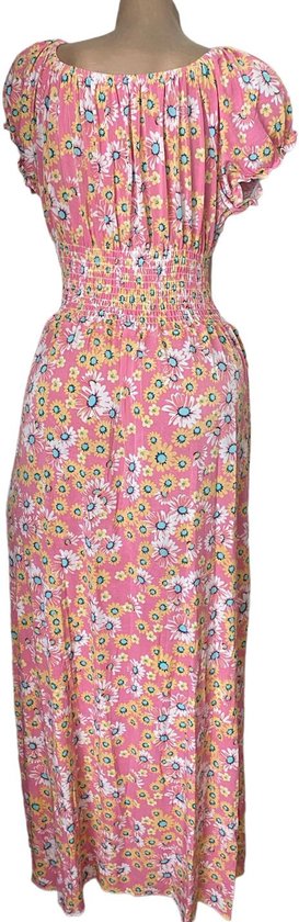 Achterkant roze off-shoulder jurk met korte pofmouwen en bloemenprint