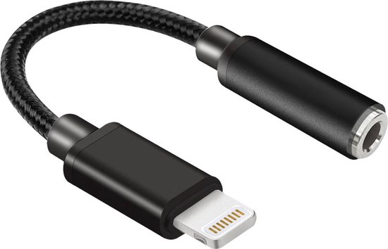 Zwarte adapter met Lightning-stekker en 3,5 mm poort voor koptelefoon.