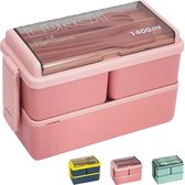Lunchbox - 1400ml Bento Box -Voor Volwassenen en Kinderen - Lunchbox met vakjes en bestek - Kunststof - Geschikt voor Magnetron - Lekvrij - Roze