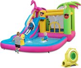 SureDeal® - Springkasteel - Met Ventilator - Waterpark - Flamingo-Thema - Zwembad - Waterglijbaan - Kinderbadje - Waterkanon en Basketbalmand - Springkussen - Blower - Waterbaan