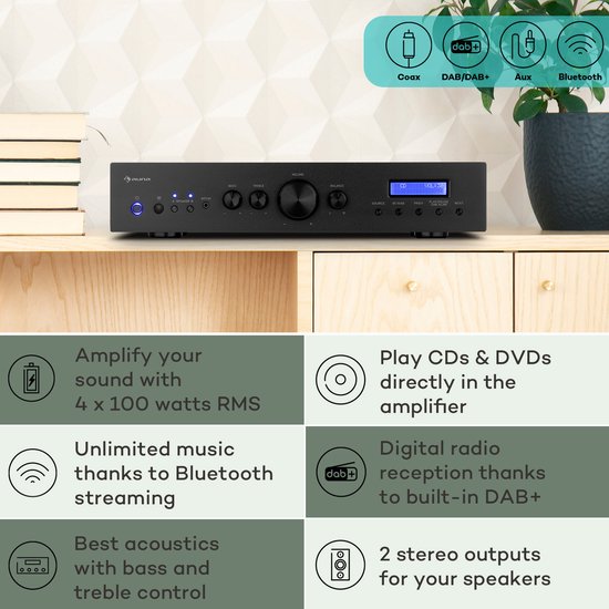 Auna Versterker, HiFi stereo mini-versterker, HiFi-versterker met bas- & treble-regelaar, 2-kanaals audioversterker, Stereo-versterker met afstandsbediening & DAB-radio, AV-receiver — afbeelding 4