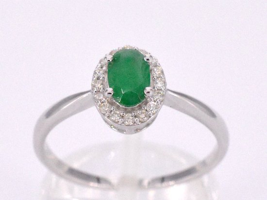 14K Witgouden Ring met 0.12ct Briljant Geslepen Diamant en 0.55ct Ovale Smaragd