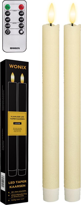 Wonix® - Led Kaarsen met Bewegende Vlam - Kaarsen op Batterijen - 2 Stuks - met Timer en Afstansbediening - 25cm Lang en Ø2.2cm - Ivoor - Warm Wit Licht