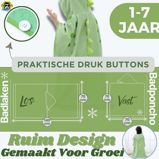 BoefieBoef Dinosaurus Bio Katoen Baby & Kinder Badponcho met Capuchon - Dieren Design - Badcape 1-7 Jaar - Peuter Strandponcho & Kleuter Zwemponcho - Absorberend & Sneldrogend - Handdoek - Kraamcadeau - jongens - meisjes - Sinterklaas - kerst - Groen van Merkloos — afbeelding 5
