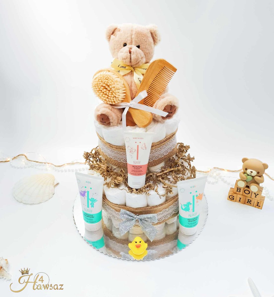 Goedkoopste Genderneutraal luiertaart 43 stuks - kraamcadeau - Hawsaz.nl Cadeau -Originele Babycadeau's - 36 luiers - Babycadeau - Babygeschenkset - Knuffel - Babyshower - Gepersonaliseerde cadeaus - Naif - Babyverzorging
