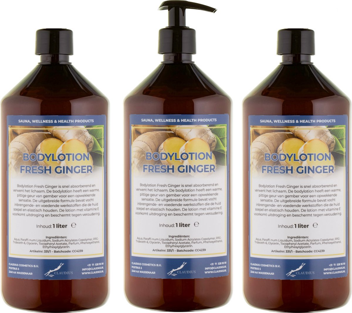 Bodylotion Fresh Ginger 1 Liter - met gratis pomp - set van 3 stuks