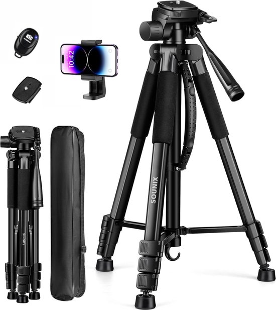 Foto: Sounix camerastatief met bluetooth afstandsbediening selfiestick tripod tot 188 cm hoog tripod voor camera en telefoon tripod met smartphonehouder aluminium zwart