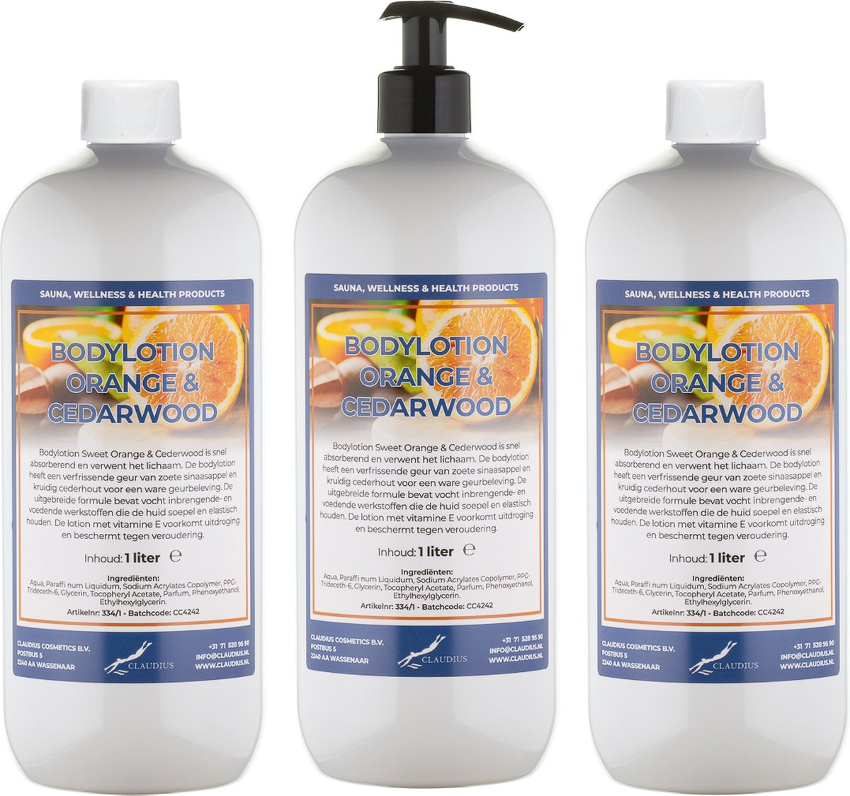 Bodylotion Sweet Orange & Cedarwood 1 Liter - met gratis pomp - set van 3 stuks