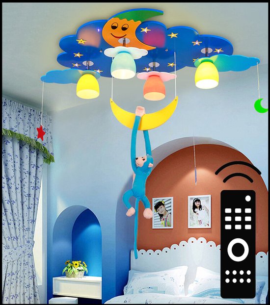 Sterren & Maan met Aapje Plafondlamp – Afstandsbediening – Groot – Dimbaar – Veilig – Woonkamer – Slaapkamer – Kinderkamer – Incl. Lampen – Plafond licht – 67 CM – Hout