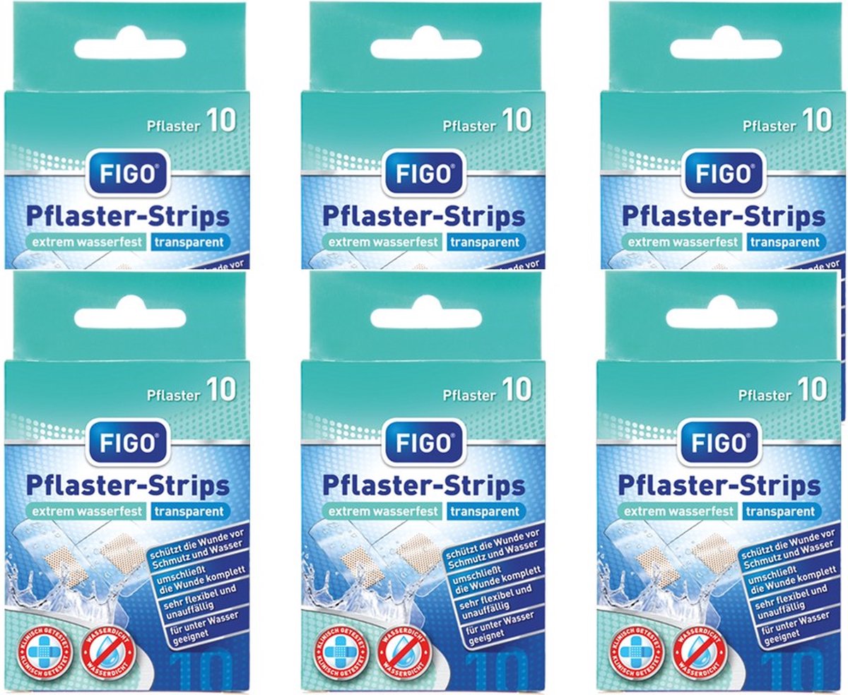 Goedkoopste Figo® | 6 x 10 pleisters strips | transparant wondpleister | twee verschillende maten | extreem waterbestendig | multipack