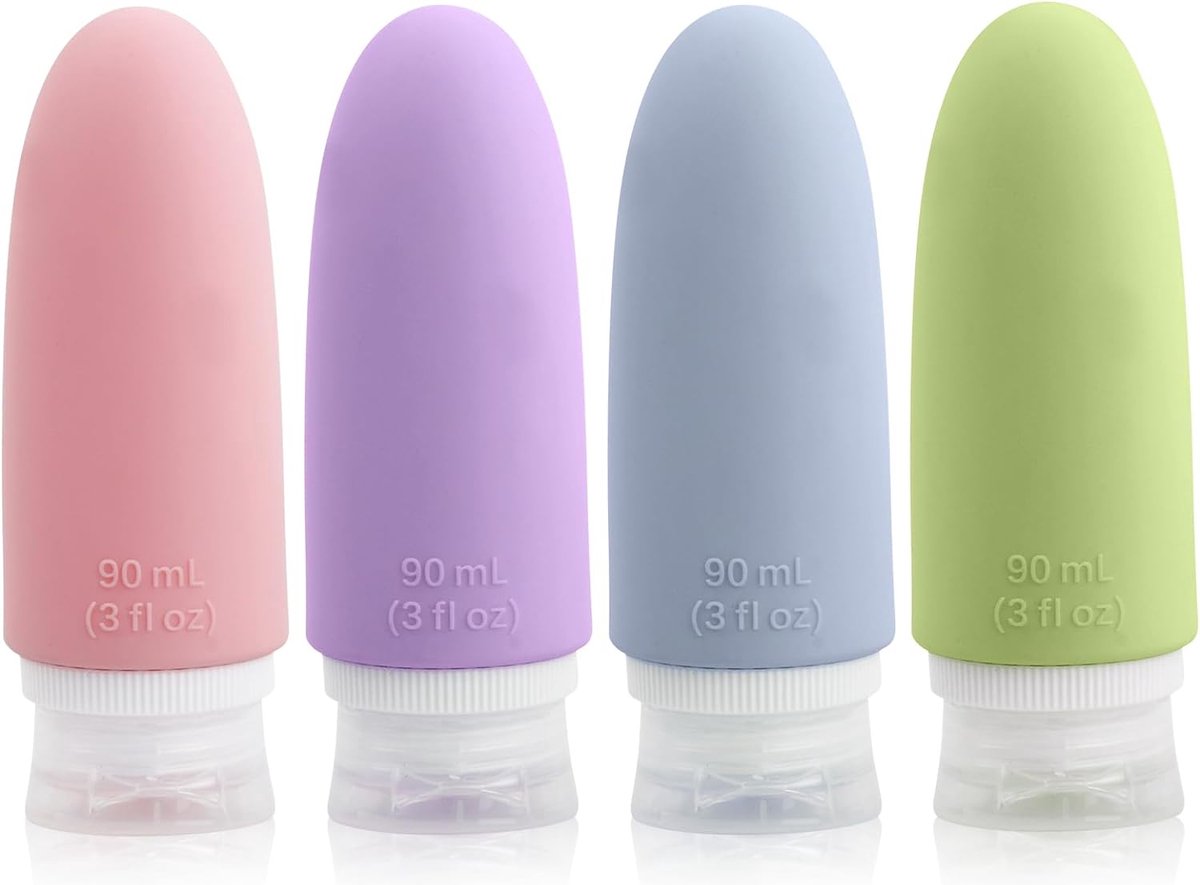 Goedkoopste Set van 4 reisflessen, 90 ml, lekvrije siliconen flessen voor vloeistoffen, draagbare navulbare toiletartikelen, lege reisgrootte, container voor shampoo, conditioner, lotion