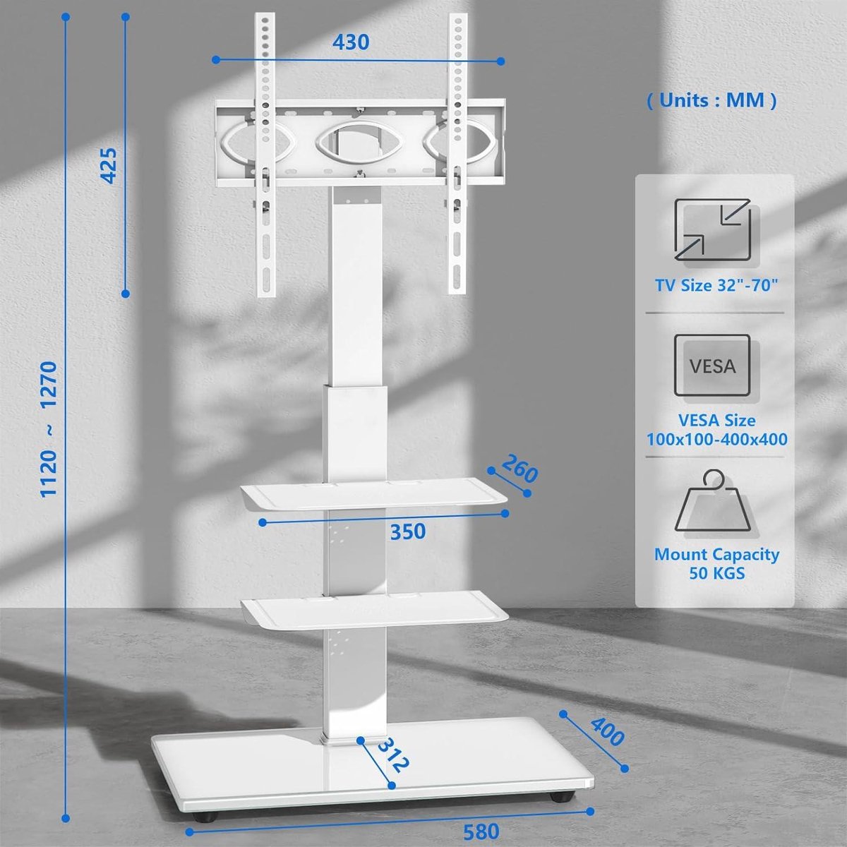 AOKCOS TV Standaard Vloer voor 42-85 inch, Draaibaar Kantelbaar Hoogte Verstelbaar TV Stand Hoog Max VESA 600x400mm 50kg