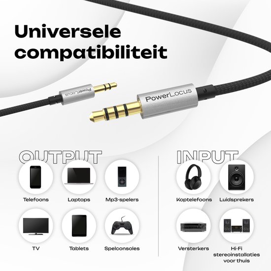 Zwarte PowerLocus aux kabel met dubbele 3.5mm vergulde pluggen. Compatibel met telefoons, laptops, tv, mp3-spelers, spelconsoles, koptelefoons, luidsprekers, versterkers.