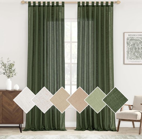 Foto: Linnengordijnen woonkamer linnenlook half transparant lusgordijn met loodband raamsjaal slaapkamer moderne gordijnen set van 2 140 x 225 cm b x h mat groen