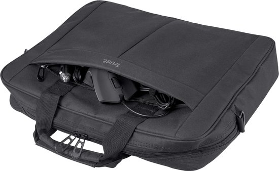 Zwarte laptoptas met een open ritsvak met computeraccessoires erin.