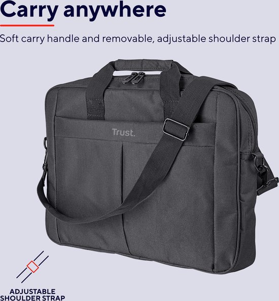 Zwarte laptoptas met verstelbare schouderband.