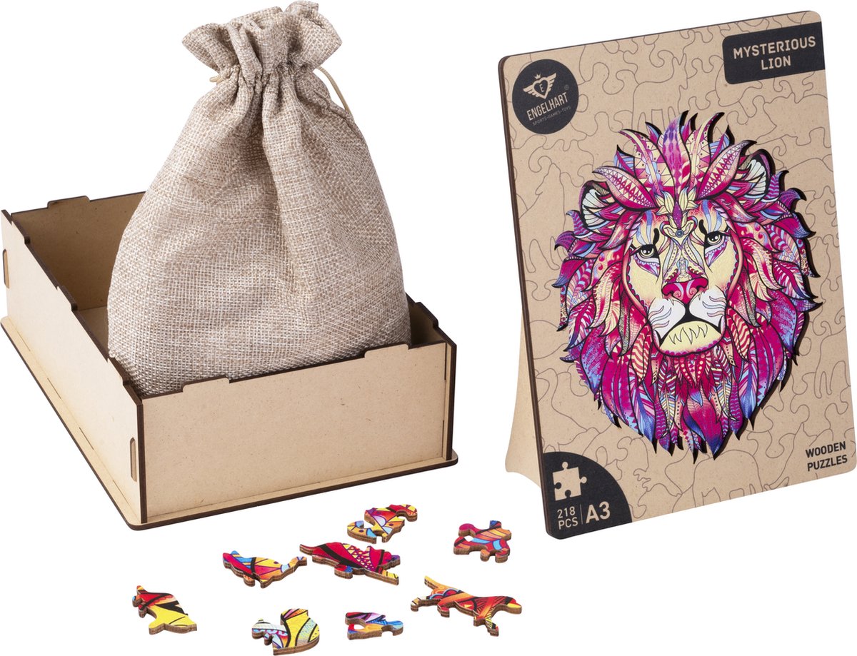 Houten Puzzel Leeuw – 218 Unieke Puzzelstukjes – A3 Formaat Grote Houten Legpuzzel – Dieren Puzzelspel – Uitdagend Denkspel – Inclusief Opbergetui – Engelhart — afbeelding 2