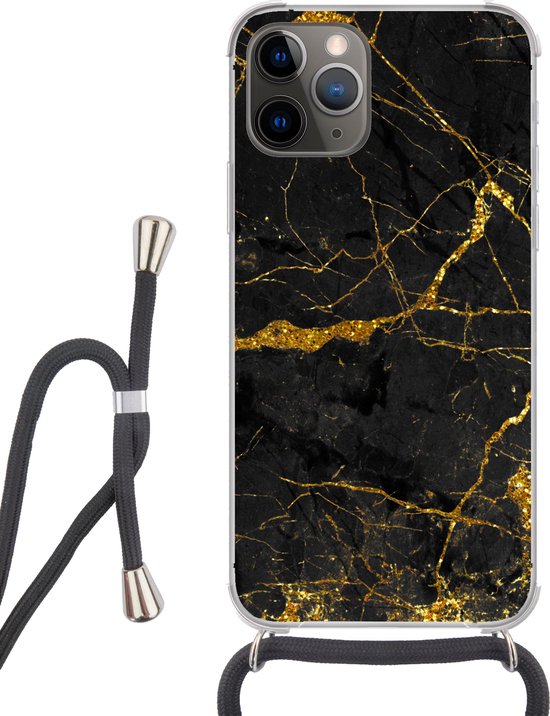 Étui de téléphone adapté à iPhone 11 Pro - Imprimé marbre - Or - Zwart - Aspect imprimé marbre - Luxe - Glitter - Siliconen - Bandoulière - Coque arrière avec cordon - Étui de téléphone avec cordon - Étui avec corde Étui de téléphone