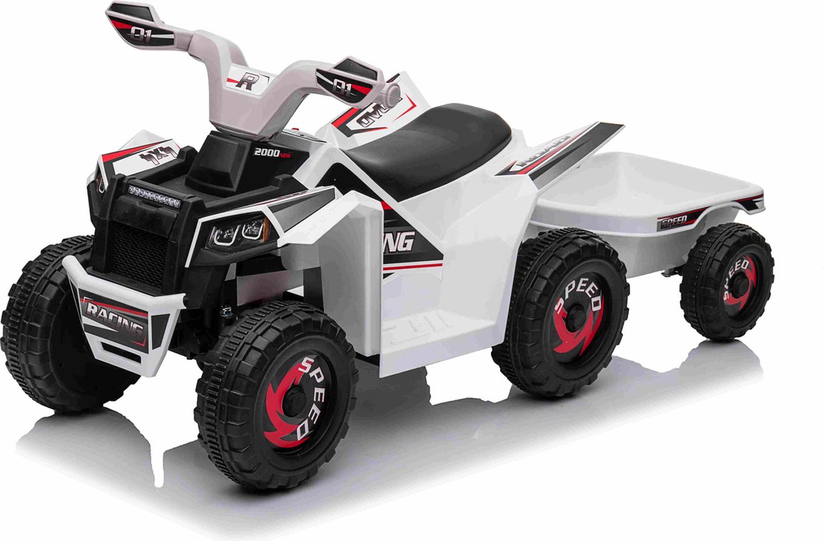 Elektrische kinderquad - Met aanhanger - 6V 7AH - Accuvoertuigen - Elektrische kinder motor - 3-7km/u - 2 tot 4 jaar - Wit