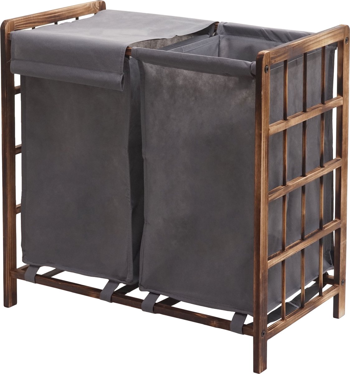 Goedkoopste Wasbak MCW-B60, Wasbox wasmand, massief hout 2 vakken 60x60x33cm 68l ~ bruin, grijs deksel