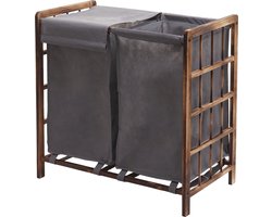 Wasbak MCW-B60, Wasbox wasmand, massief hout 2 vakken 60x60x33cm 68l ~ bruin, grijs deksel