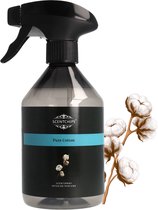 Scentchips Pure Cotton interieurspray met blauw label en afbeelding van katoenbloemen.