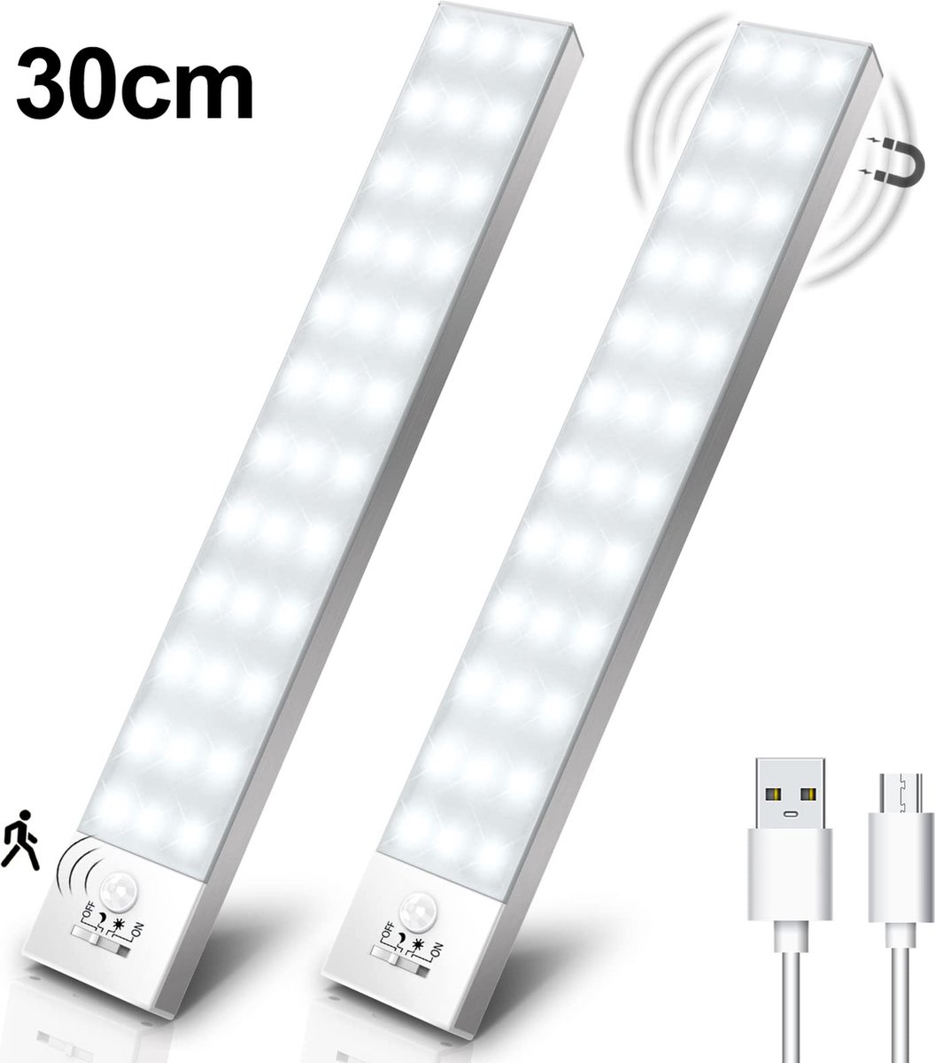 Merdoo Kastverlichting LED met bewegingssensor - Keukenverlichting op batterij - USB-C Oplaadbaar - Magnetisch - Dimbaar-LED Kast Verlichting - Draadloos - 3 Kleurtemperaturen - Zilver -30cm (2-PACK)