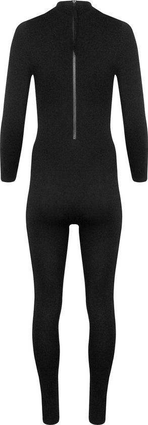 Zwarte jumpsuit met lange mouwen en ritssluiting op de rug, op een zwarte achtergrond.