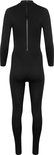Zwarte jumpsuit met lange mouwen en ritssluiting op de rug, op een zwarte achtergrond.