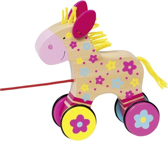 Houten paardje op wielen met bloemenprint in roze, blauw en geel. Met rode trekdraad.