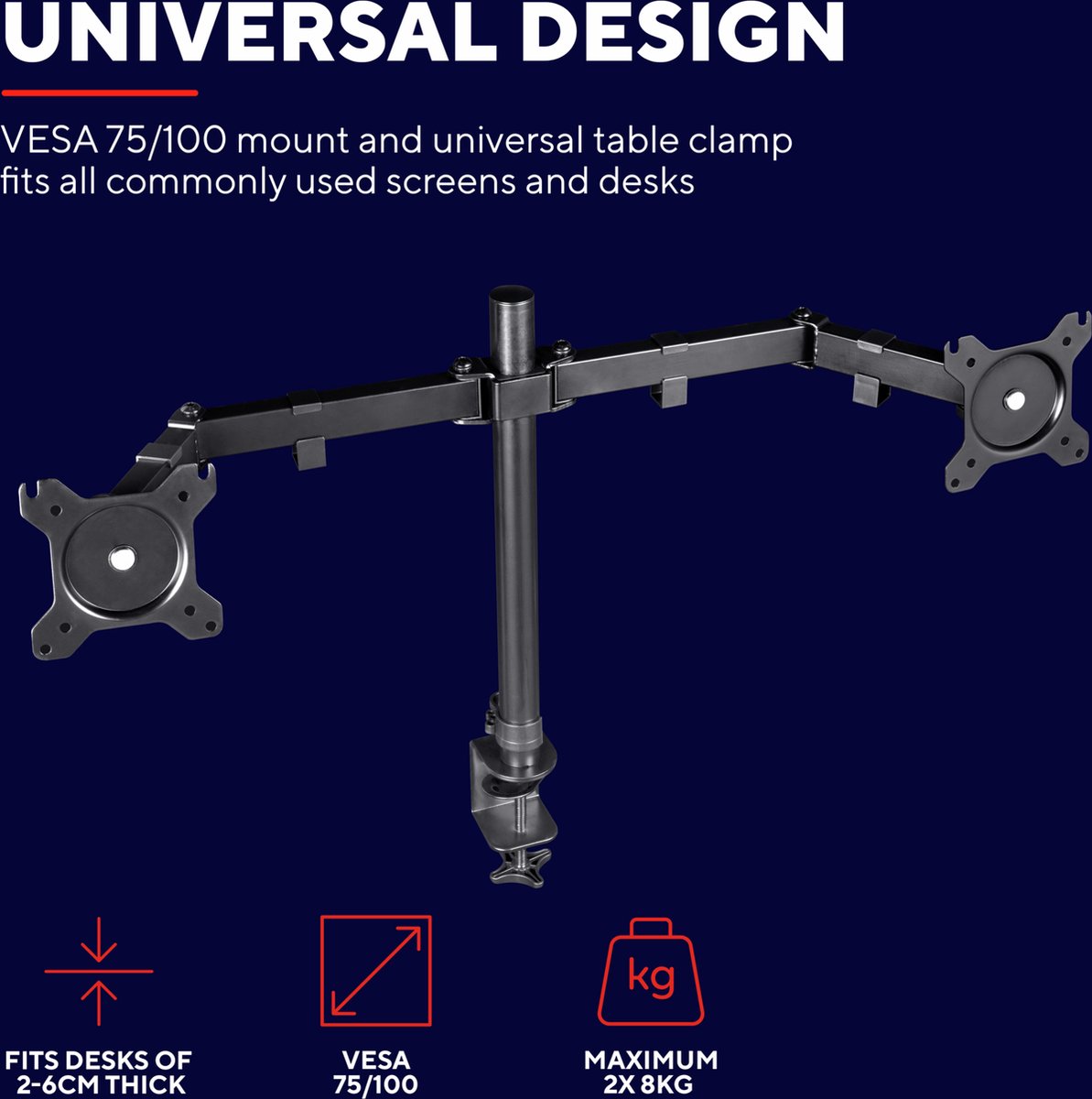 Trust Gaming GXT 1120 Mara, Arm for Two Monitors up to 32 inch, Adjustable Dual Monitor Arm, Dual Monitor Mount for 2 Screens, up to 16kg, VESA 75/100 - Black