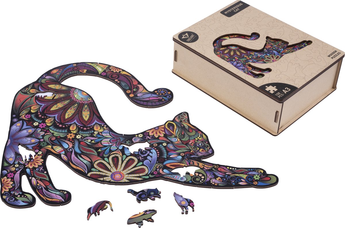 Houten Puzzel Kat – 108 Unieke Puzzelstukjes – A3 Formaat Grote Houten Legpuzzel – Dieren Puzzelspel – Compact en Ontspannend Denkspel – Inclusief Opbergetui – Engelhart — afbeelding 10