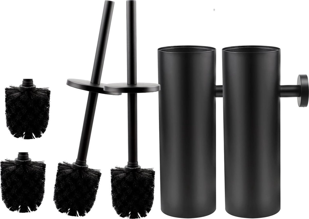 Wandgemonteerde Toiletborstel Set - Roestvrij Staal - Matte Zwart - Inclusief 2 Vervangende Borstels - Hygiënisch en Stijlvol - Badkamer Accessoire