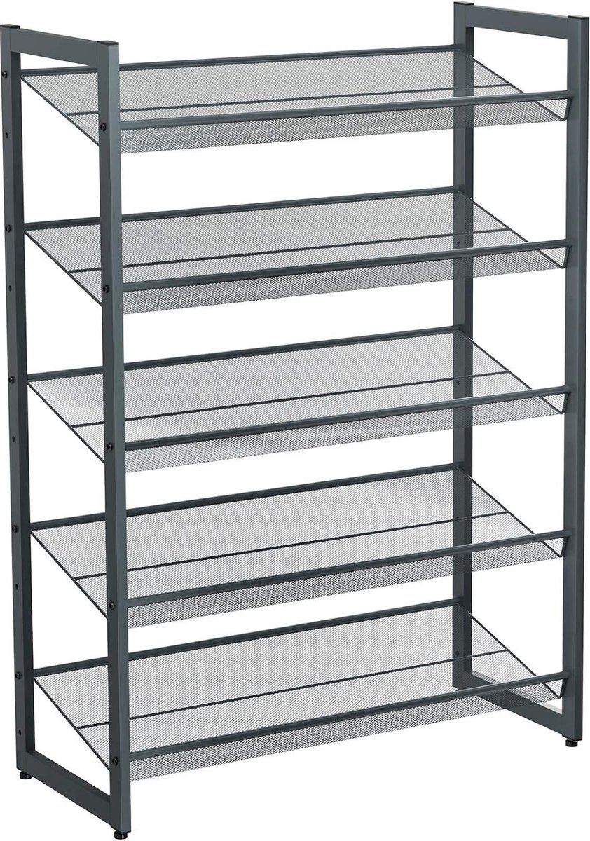 Furnstar Stapelbaar schoenenrek - 5 laags schoenenorganizer - Metalen schoenenplank met verstelbare platte of schuine planken - Beschermrails - 30.5 x 74 x 103.8 cm - Biedt plaats aan 15 - 20 paar - Grijs