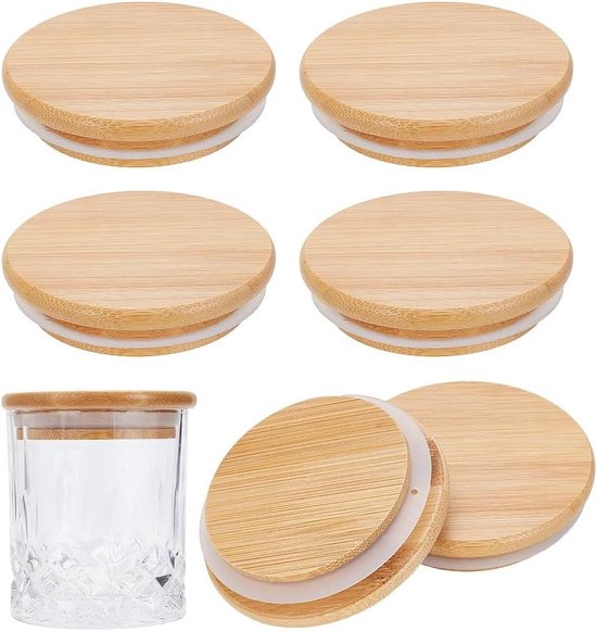 BestAlice 6 stuks houten deksels voor metselaarpotten, 86 mm deksels voor metselaarpotten, gewone mondopslag, deksels voor inblikkende potten, potdeksels met siliconen afdichtring voor thuis en keuken