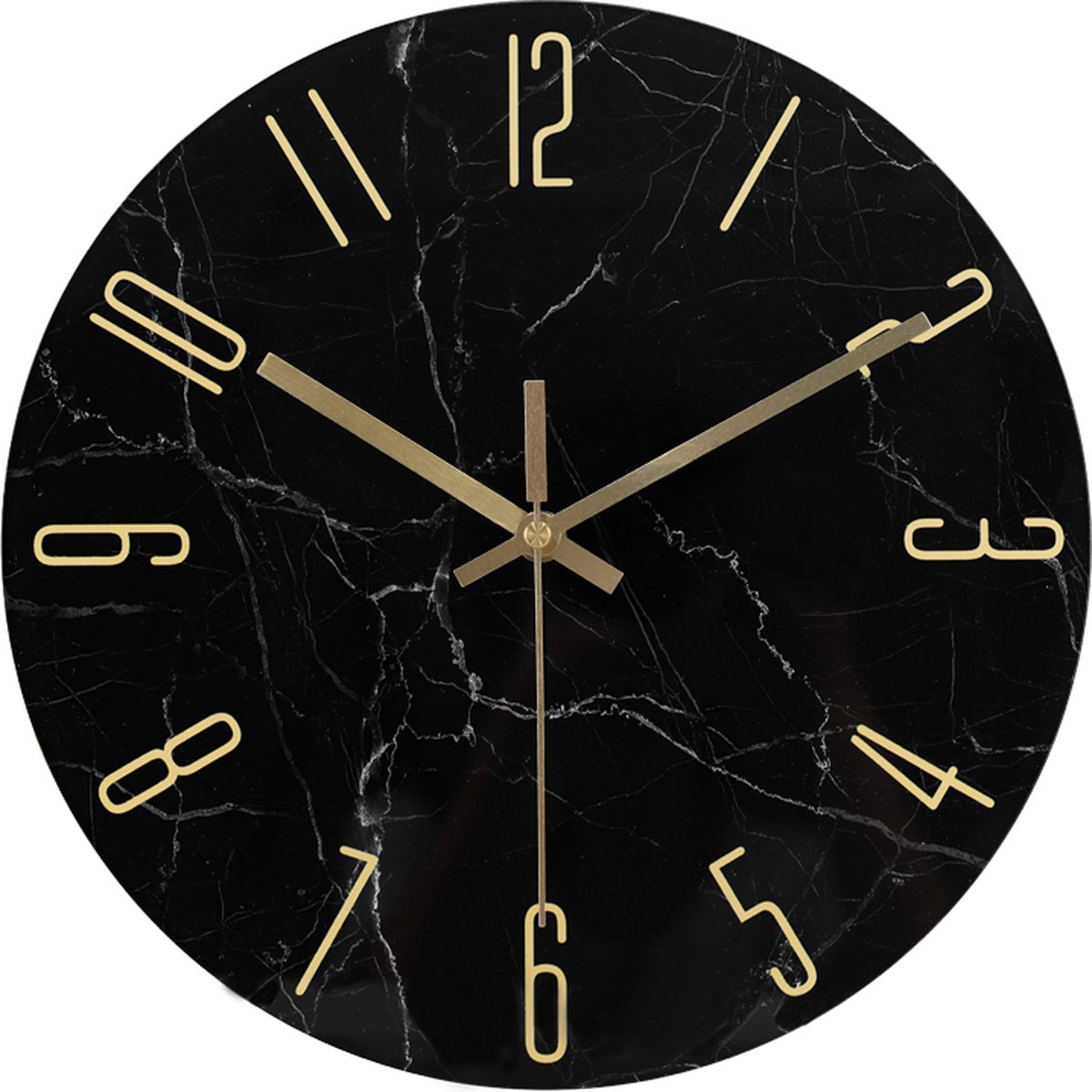 IvoQ Wandklok Marmerlook Zwart - Glas - Ø 30 cm - Stil Uurwerk - Modern & Goud