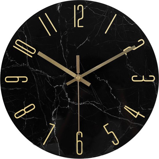 IvoQ Wandklok Marmerlook Zwart - Glas - Ø 30 cm - Stil Uurwerk - Modern & Goud