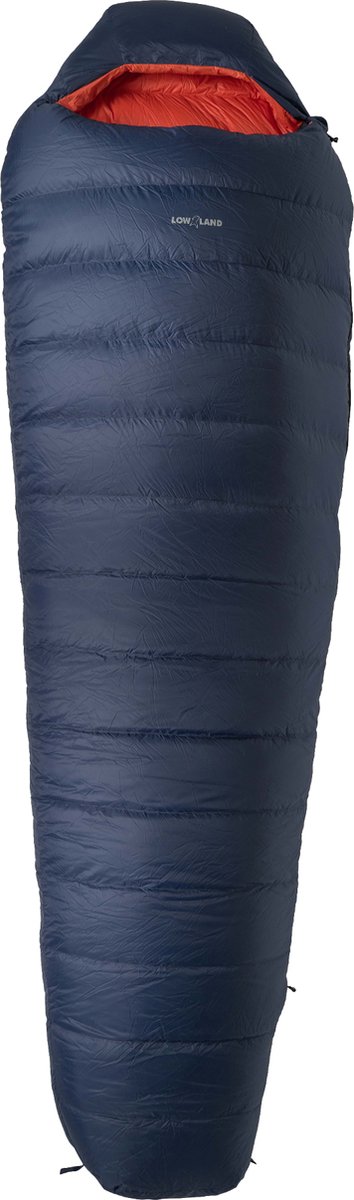 LOWLAND OUTDOOR - KIBO -5 - Donzen mummy slaapzak  -5°C - 1195 gr - 225x80 cm - Navy Blauw / Oranje