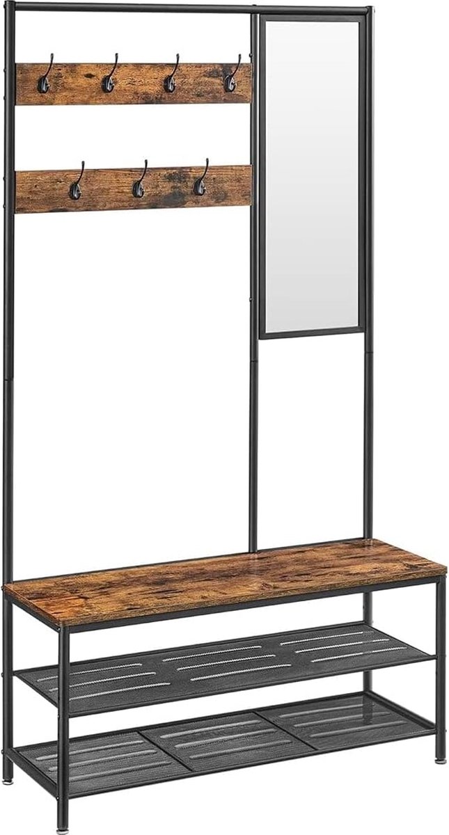 FurnStar - Kapstok met schoenenopberger - kapstok voor gang met spiegel - haken - bank en schoenenplanken - 35 x 98 x 180 cm - hal slaapkamer entree - industrieel - Rustic Brown+black