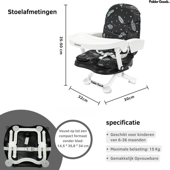 PolderGoods - Stoelverhoger voor eetkamerstoel - Zitverhoger Peuter Eettafel - Verstelbare hoogte - met verwijderbare lade - 3 punts veiligheidsharnas - Opvouwbare - Zwarte Veer van PolderGoods — afbeelding 2