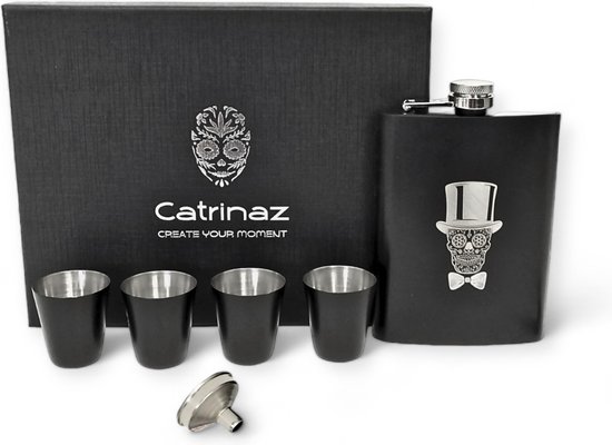 Luxe Heupfles Inclusief 4 Shotglaasjes & Giftbox – 230 ml – Matzwart met Skull Design -RVS Zakflacon met Schroefdop - Premium Cadeau - Catrinaz®