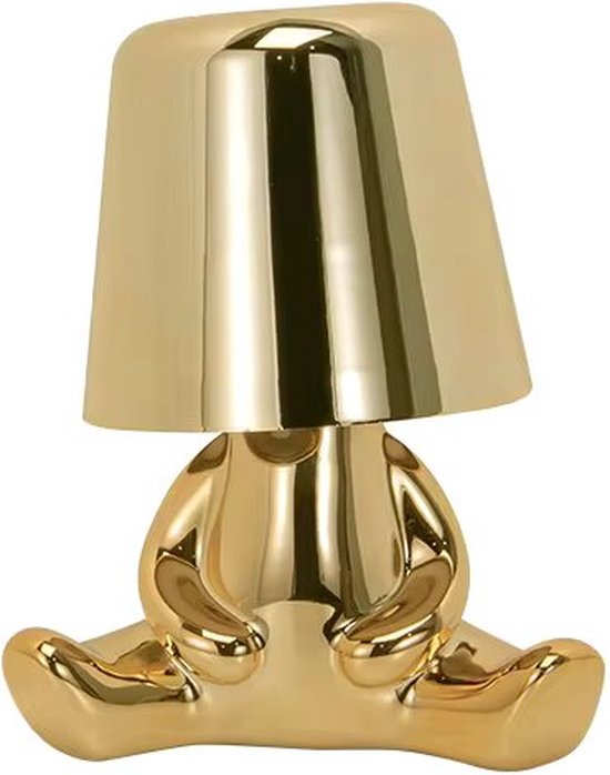 Lampe de table Buddy dorée assise, isolée sur fond blanc.