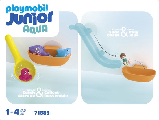 Verpakking met badspeelgoed: links uitleg met figuurtje op glijbaan. Rechts, gele schep met rode octopus, oranje bakje met vis en haai.