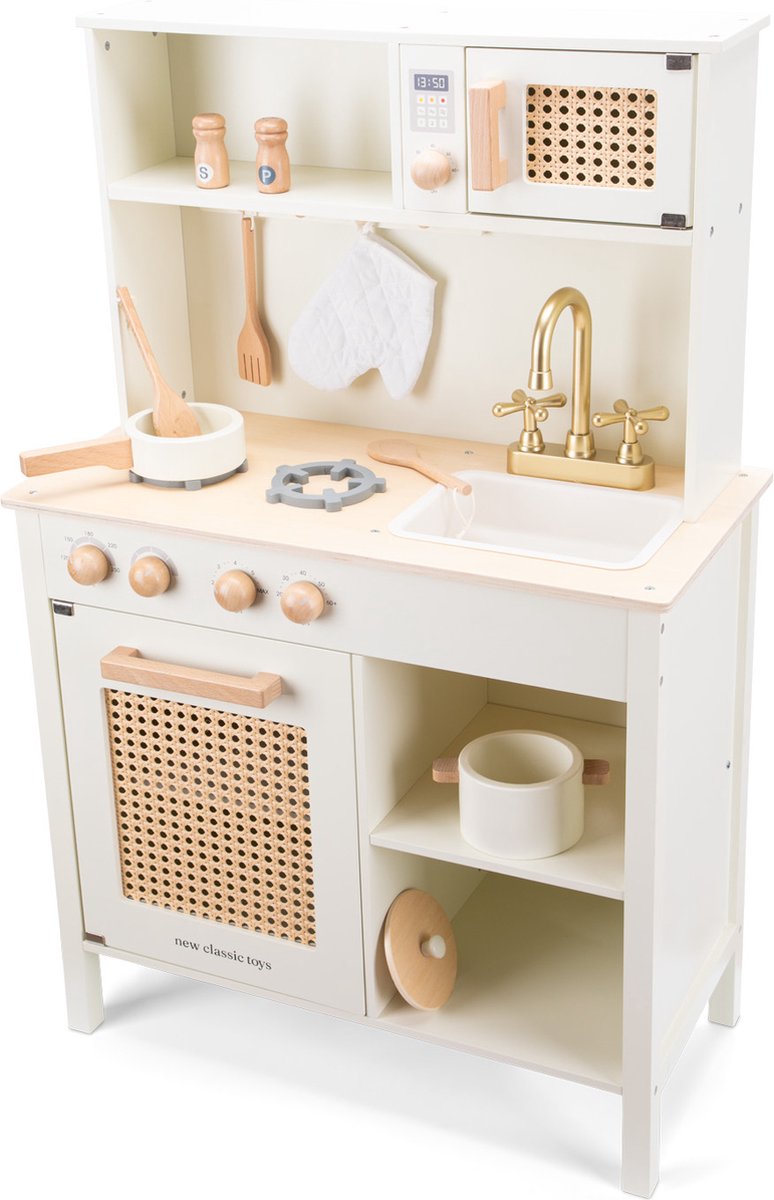 Woet® Houten Speelgoed Kinderkeuken - Speelkeukentje met Rotan Details en Gouden Kraan - Speelkeuken Gebroken Wit met Diverse Accessoires - Werkbladhoogte 55 cm - Rollenspel - Vanaf 3 Jaar — afbeelding 7