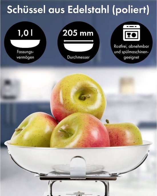 RVS schaal van 205 mm doorsnede op een keukenweegschaal, gevuld met rode en gele appels.