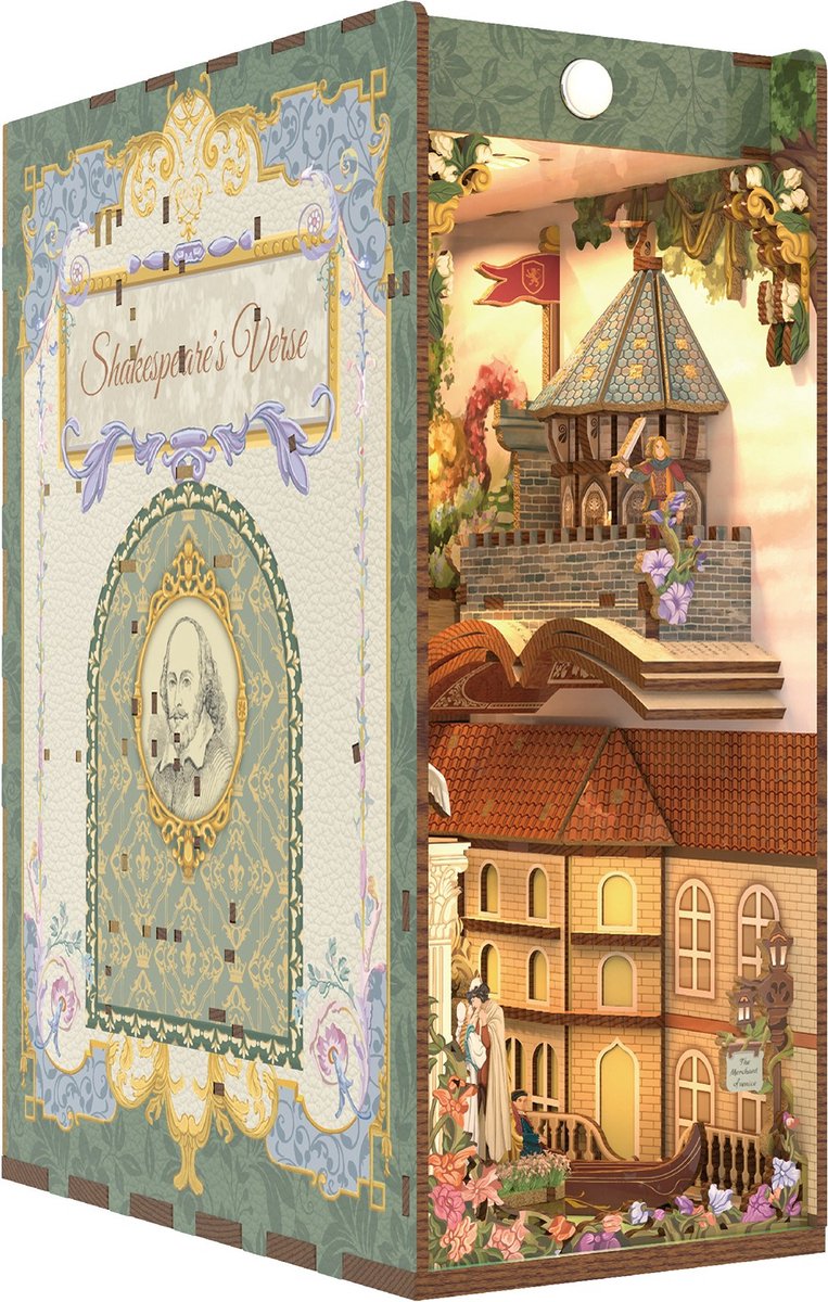 Tonecheer Shakespaer's Verse Book Nook Bouwpakket - Modelbouw - 18 x 9,8 x 24,5 cm - DIY Pakket - Houten 3D Puzzel - Boekensteun - LED-licht - Bewegingssensor Licht - Boekenhouder - Inclusief Dust-Cover — afbeelding 2