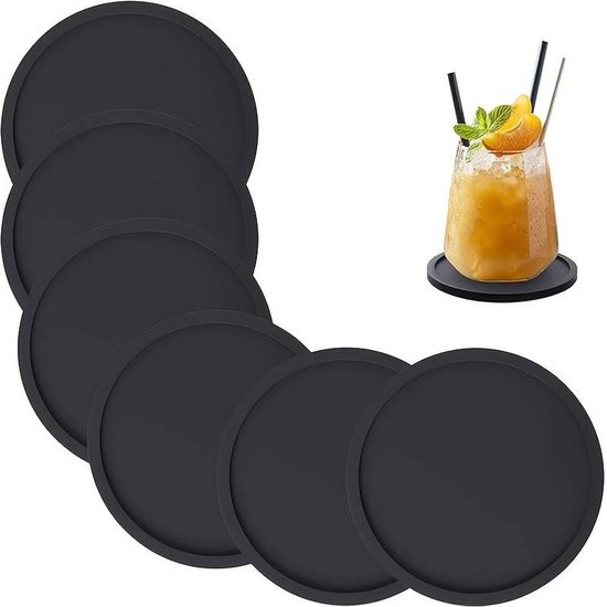 Set de 6 Sous-verres antidérapants en Siliconen – Grand Set de dessous de verre noirs pour boissons intérieures et extérieures – Résistants aux taches et à la chaleur – Sous-verres pour Verres – Dessous de verre – Sous-verres unis