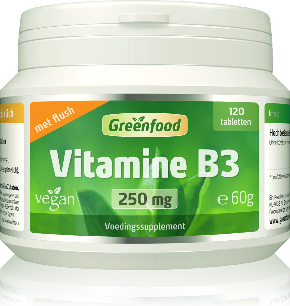 Goedkoopste Greenfood Vitamine B3 (niacine), 250 mg, flush, high-dose, 120 tabletten, veganistisch - Zonder kunstmatige toevoegingen. Zonder genetische manipulatie.